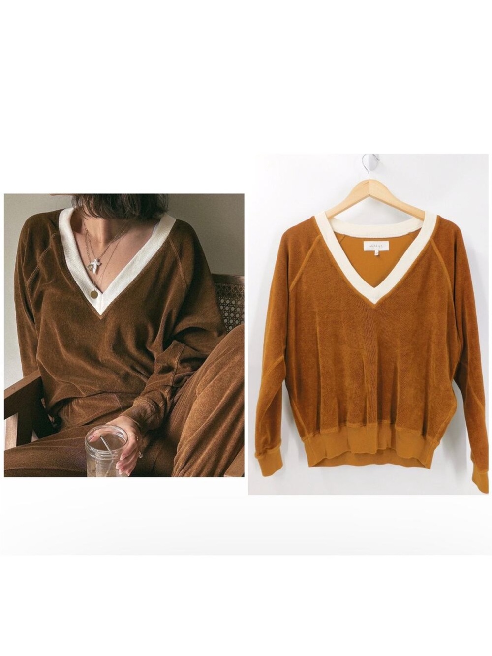 THE GREAT. Velour V-Neck Sweater with Cream Trim - Brown